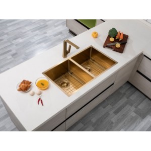 Brushed Gold Stainless Steel Handmade Double Bowls Top/Undermount Kitchen/Laundry Sink 770x450x215mm